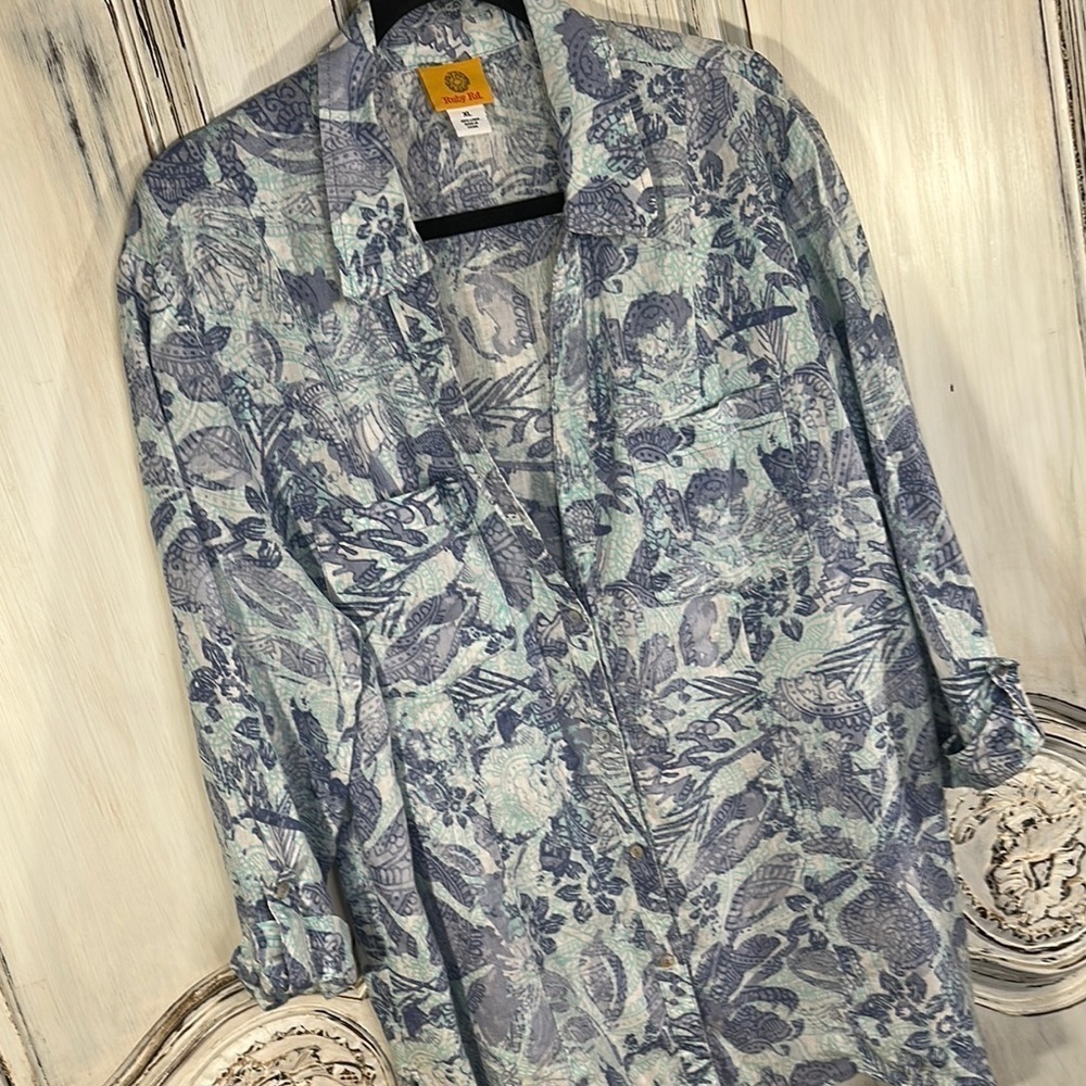 Ruby Rd. Graphic Mid Sleeve Button Down Blue Top … - image 2